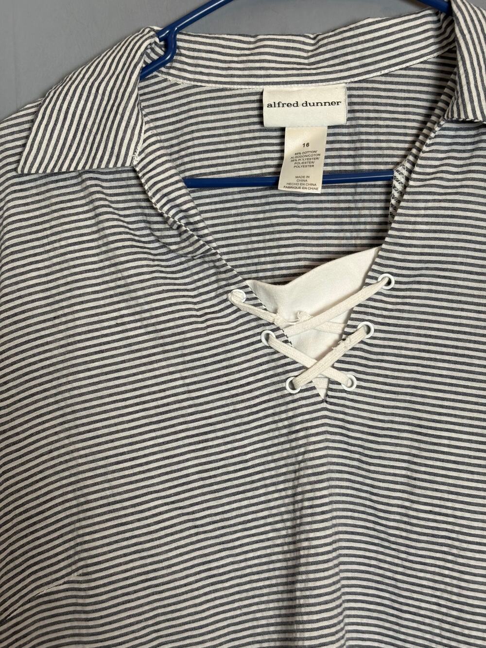 Alfred Dunner Womens Striped Lace Up Tunic Top Black White Size 16 XL